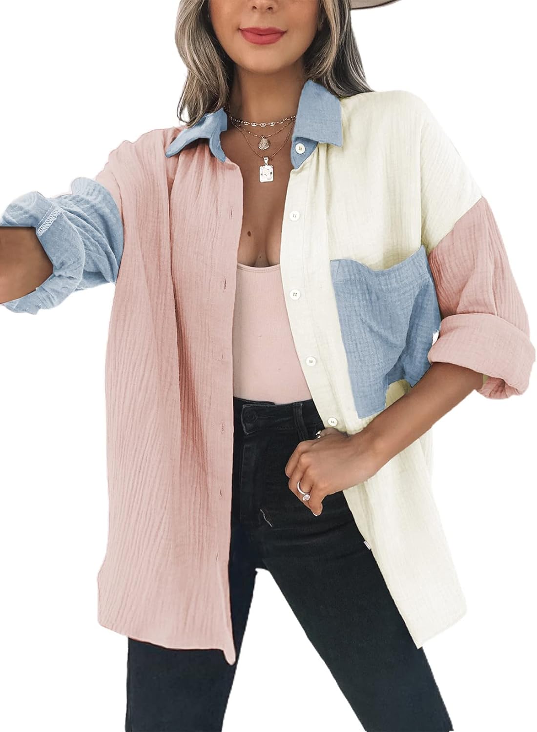 61KhA-oGWUL._AC_SL1500_.jpg Womens Color Block Button Down Shirts Long Sleeve Oversized Boyfriend Blouses Tops - 图片 1