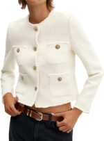 Womens Cropped Tweed Blazer Collarless Casual Business Suit Jacket Fall Elegant Outerwear