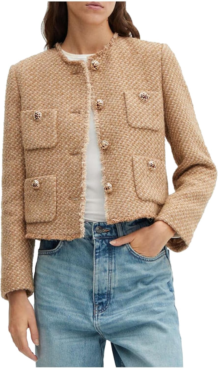710FfLODKpL._AC_SL1500_.jpg Cropped Tweed Blazer Jackets for Women Elegant Collarless Long Sve Button Down Work Office Blazer Jacket - 图片 1