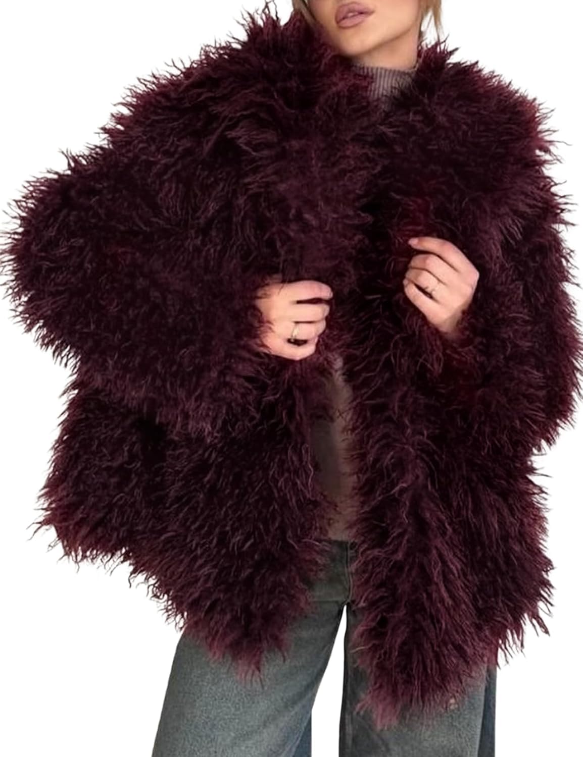 71O25eKNpL._AC_SL1500_.jpg Womens Faux Fur Coat Winter Fluffy Faux Fur Jacket Long Sleeve Lapel Collar Furry Shaggy Parka Coat - 图片 1