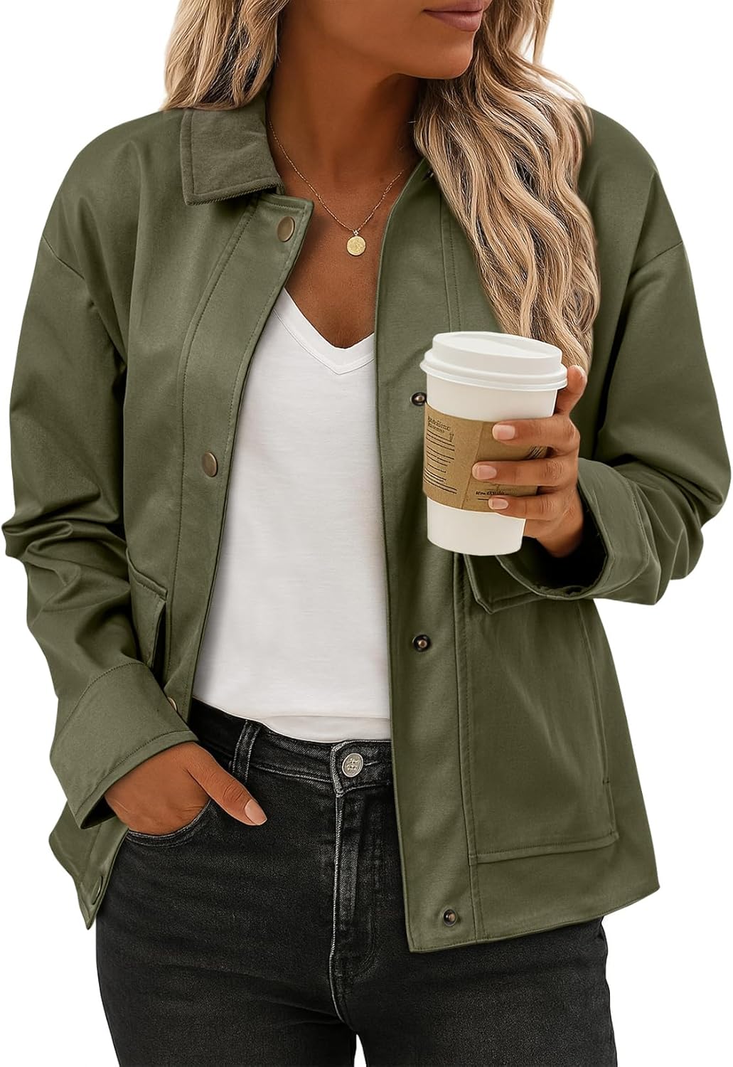 71ioymFsiWL._AC_SL1500_.jpg Jackets for Women Fall Fashion Lightweight Coat Button Down Cropped s With Pockets - 图片 1