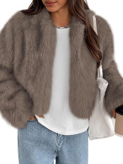 Womens  Winter Coats Fluffy Cropped Faux Fur Jacket Long Sleeve Open Front Shaggy Outerwear Trendy Clothes