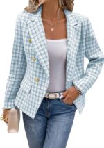 Women's Spring Tweed Blazer Plaid Fashion Slim Fully-Lined Double-Breasted Casual Work Jacket with Pockets